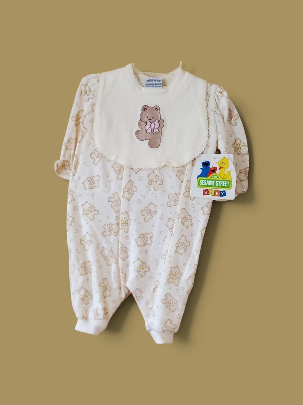 NWT Sesame Street Cream Bear Footed One-Piece With Bib